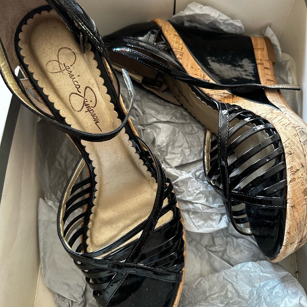 Jessica Simpson - Black Patent Leather Wedge Sandals
